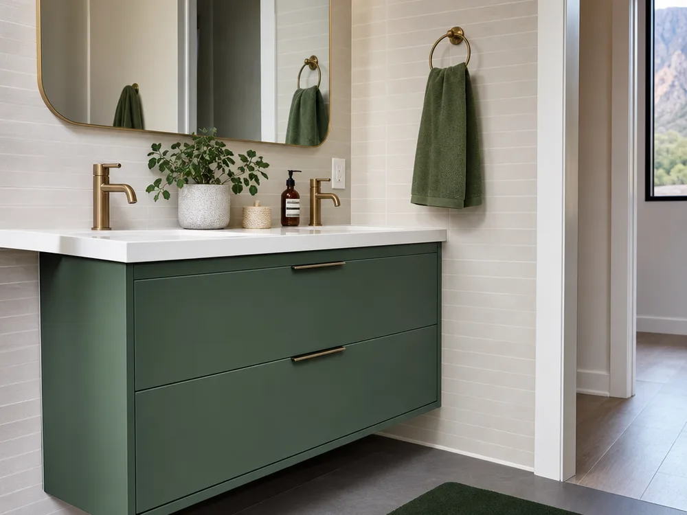 Floating bathroom vanity with two wide drawers aligned cleanly with wall tile