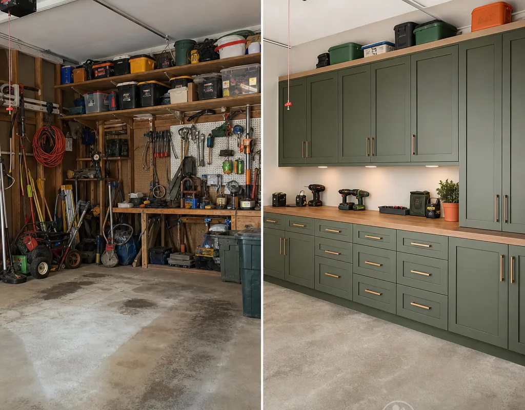 Before-and-after comparison of a cluttered garage wall replaced by closed cabinets, labeled drawers, and a clear worktop