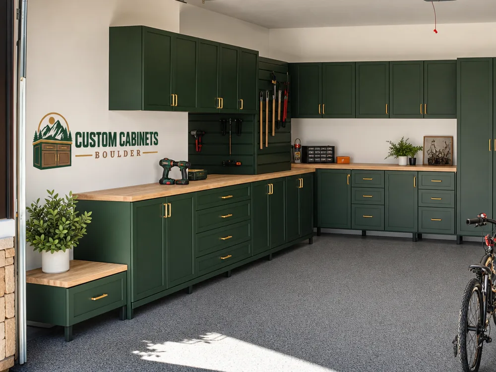 Two-wall garage cabinet layout with base cabinets, continuous work surface, and wall cabinets while preserving parking space