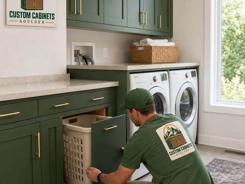 Laundry base cabinets with a durable countertop, pull-out hamper, and upper cabinets aligned above machines with clearance for hoses and venting