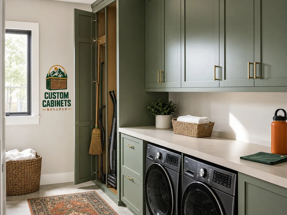 Laundry room with full-height broom and vacuum cabinet, matching upper cabinets, and a continuous folding counter